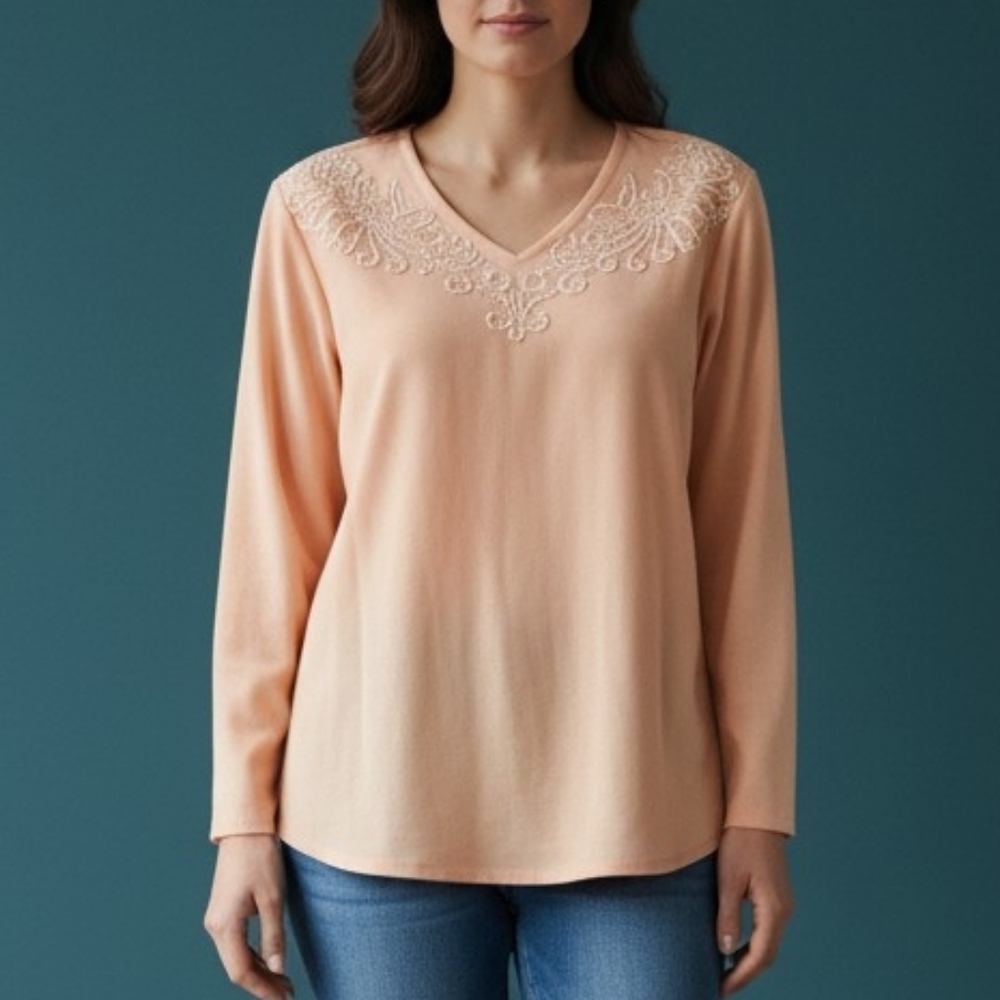 VTG I.B. DIFFUSION 1980s Peach Floral White Glass Beaded V-Neck Blouse